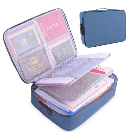 Geanta Flippy pentru Depozitare Acte si Documente, Facturi, Carduri, cu Cod de Securitate, 2 Compartimente, Impermeabila, 37 x 10.5 x 27 cm, Albastru Marin