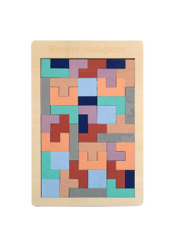 Puzzle Montessori, Flippy, din Lemn, Tip Tetris, +36 Luni, Forme Neregulate, 40 Piese, 26.5 x 17.7 cm, Multicolor Pastelat