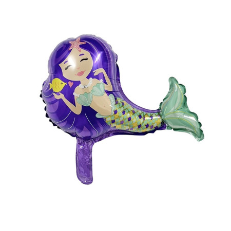 Balon din Folie Metalizata, Flippy, Mini Figurine, Model Sirena cu Par Mov, Tematica Aniversare, 39x37 cm, Ambalaj Individual, Pai Inclus, Umflare cu Aer sau Heliu, Multicolor