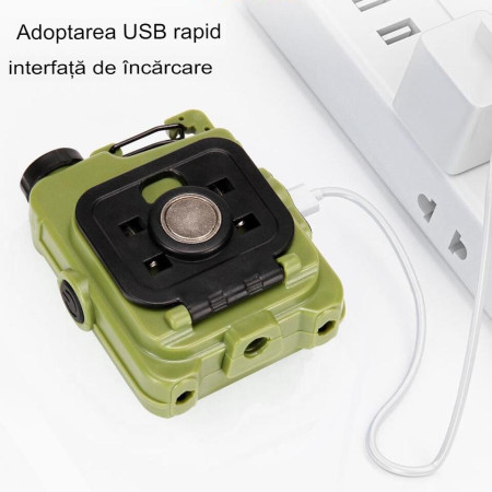 Lanterna Mini de Buzunar Tip Breloc, Flippy, Incarcare prin USB Type C, Multifunctionala, pentru Exterior, Camping, Alpinism, Ciclism, Mini Lanterna Elvis, 6.1 x 5 x 2.5 cm, Lumina Puternica, Culoare Verde