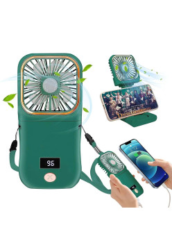 Ventilator Portabil Flippy, 3 in 1, de Mana, de Gat, de Birou, 16.7 x 8 x 1.9 cm, 3 Trepte de Viteza, Incarcare USB, Pliabil, Afisaj Digital, Suport Telefon, Verde