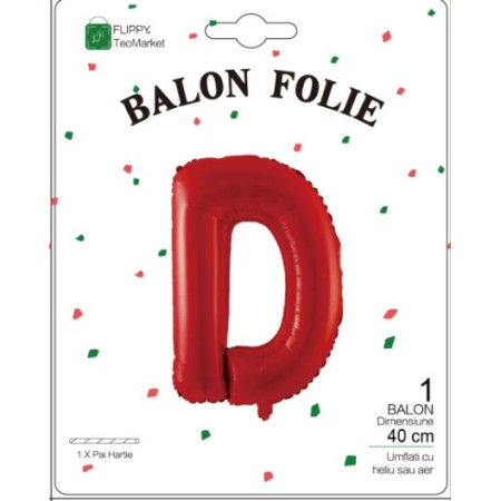 Balon Folie Metalizata Litera D, Flippy, 40 cm, Umflati cu Heliu sau Aer, Ambalaj Individual, Pai inclus, Rosu