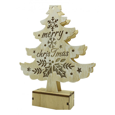 Decoratiune luminoasa, model de  Brad cu inscriptie Marry Christmas, alb, lungime: 11 cm, latime: 5 cm, inaltime: 30 cm, lemn, interior/exterior