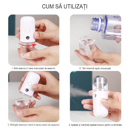 Spray de Hidratare Facială cu Tehnologie Nano, Flippy, Hidratare, Igienizare, Abur Rece, Încărcare USB, Capacitate 30 mL, 10cm, Alb