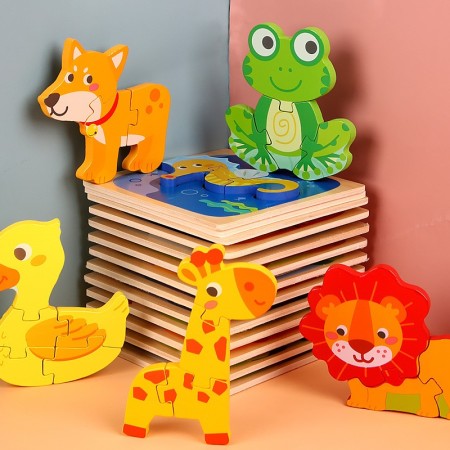 Puzzle Montessori din Lemn pentru Copii, Flippy, 3D, 0-3 Ani, Model Catel, Educativ, Intuitiv, Creativ, 3 Piese, 15x15x0.5 cm, Multicolor