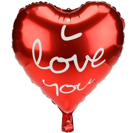 Balon din Folie Metalizata, Flippy, Figurina Inima, Model I Love You Scris de Mana, Tema Ziua Indragostitilor, 45 cm, Ambalaj Individual, Pai Inclus, Umflare cu Aer sau Heliu, Rosu