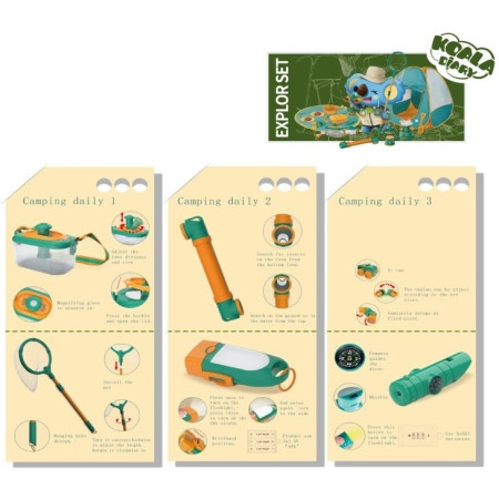 Set camping micutul explorator pentru exterior, 3 accesorii vestimentare, 9 ustensile de joaca, 8 carti educative cu insecte, +3 ani, multicolor