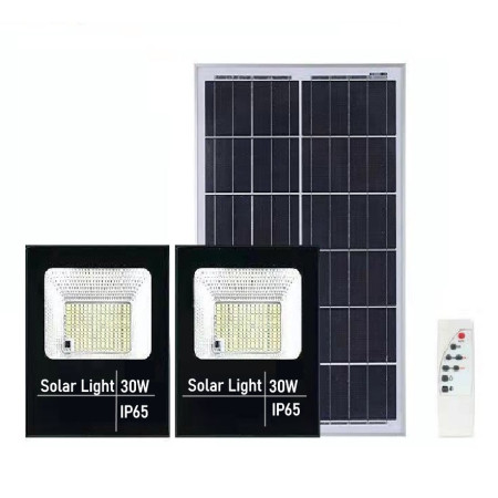 Set 2 proiectoare LED SMD 30W cu incarcare solara Flippy, panou solar, cu telecomanda, suport prindere, material ABS, 1.2AH, 200LED-uri, 13x13.5 cm, negru