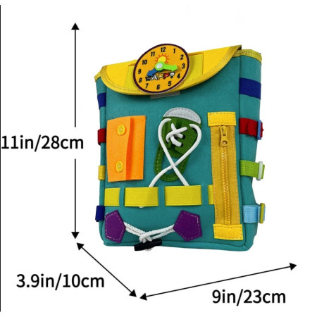 Ghiozdan Montessori, Flippy, pentru Copii 2-6 ani, Fidget Pop, cu Catarame si Fermoare, Jucarii Senzoriale, Activitate de Invatare prin Joc, Turcoaz, 0.25 kg, 28x10x23 cm