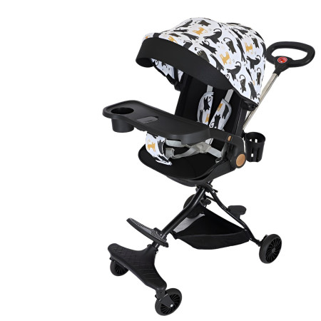 Carucior Sport Flippy 3in1, 6-36 Luni, Reversibil, Pliabil, Tavita pentru Masa, Pozitie de Somn, Centura de Siguranta, Roti 360, Suport Pahar, Copertina pentru Soare, 32x63x95cm, Negru Model Pisicute