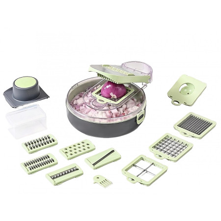 Feliator Multifunctional, Flippy, Razatoare, 8 in 1, pentru Fructe si Legume, 12 Piese, Lame de Inox, Recipient Stocare, Separator Oua, Protectie Mana, ABS, Gri/Verde, 29.5x9x21.8 cm