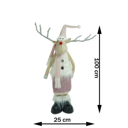 Ornament de Craciun ren cu picioare telescopice, Flippy, roz/alb, textil, 72 cm