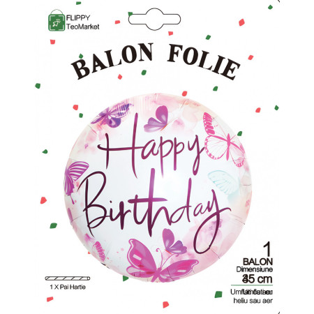 Balon din Folie Metalizata, Flippy, Mini Figurina Rotunda, Model Happy Birthday Fluturasi, Tema Aniversare, 45 cm, Ambalaj Individual, Pai inclus, Umflare cu Aer sau Heliu, Roz