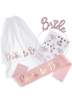 Set de Accesorii pentru Mireasa, Flippy, Coronita, Panglica, Stickere, Voal, Model Bride To Be, Tematica Nunta, Alb-Roz