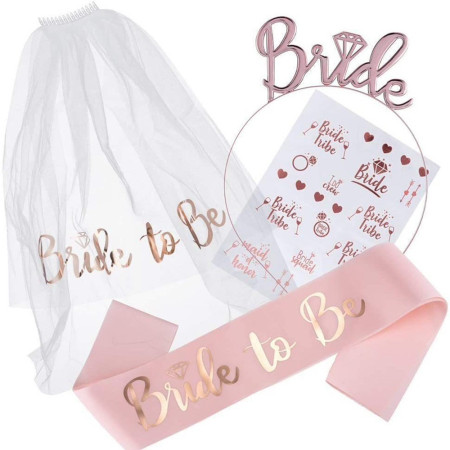 Set de Accesorii pentru Mireasa, Flippy, Coronita, Panglica, Stickere, Voal, Model Bride To Be, Tematica Nunta, Alb-Roz