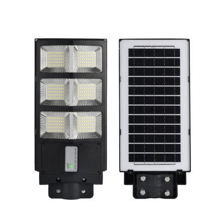 Lampa solara stradala Flippy, cu telecomanda, senzor de miscare si lumina, suport prindere, 135 LED-uri, IP65, ABS, 8AH, 100W, temperatura culoare 6500K, 48.5x22x6.8 cm, autonomie 10-12 ore, negru