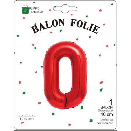 Balon din Folie Metalizata Flippy, Figurina Cifra, Tema Aniversare 40 cm, Ambalaj Individual, Pai inclus, Umflare cu Aer sau Heliu, Rosu, Cifra 0