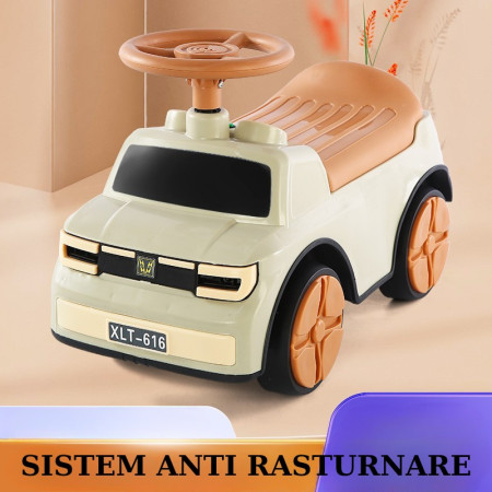 Masinuta Ride-On Flippy, cu Sistem Anti-Rasturnare, Sistem de Lumini si Muzica, Cutie de Depozitare, 1-6 Ani, 58 x 28 x 37 cm, Maro