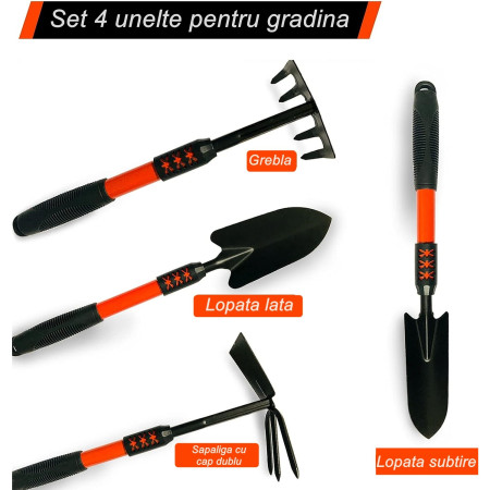 Set 4 Unelte de Gradina Flippy, Maner extensibil, pentru Plantare Prelucrare Sol si Ingrijire Plante, Material otel carbon, negru