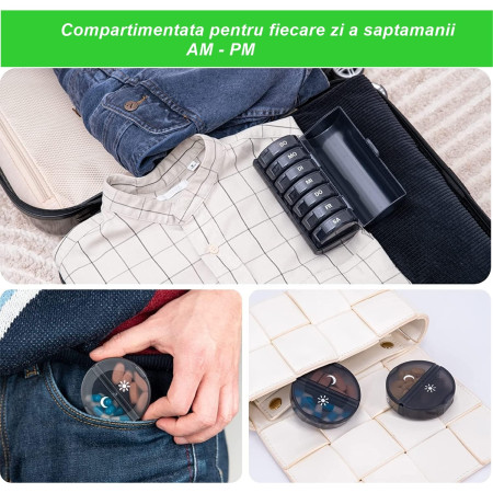 Cutie Depozitare Medicamente, Flippy, 7 Zile, 14 Compartimente, Cutie Suport, Recipiente Detasabile, Portabila, Negru, 17.5x11x9.5 cm