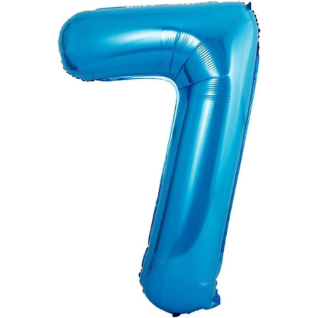 Balon din Folie Metalizata Flippy, Figurina Cifra si Coroana, Tema Aniversare 100 cm, Ambalaj Individual, Pai inclus, Umflare cu Aer sau Heliu, Albastru, Cifra 7