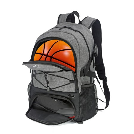 Rucsac de Baschet Multifunctional, Flippy, pentru Calatorie, Sport, Scoala, cu Compartiment pentru Pantofi si Minge, 32 Litri, 45x32x22 cm, Gri-Negru