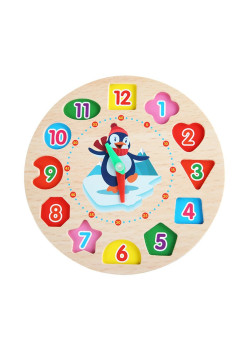 Jucarie Educativa Flippy, Tip Montessori, Model Ceas Pinguin, din Lemn, + 36 Luni, 12 Piese, 17.2 cm, Multicolor