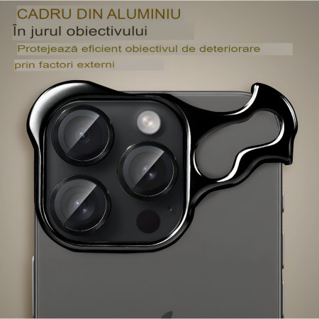 Husa Metalica Compatibila cu iPhone 15 Pro Max, Protectie pentru Colturile Telefonului si Camera, Lentile pentru Obiective, Aliaj, Antisoc, Antizgariere, Negru