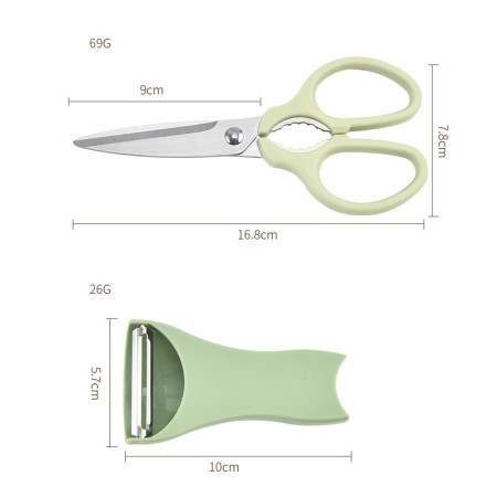 Set foarfeca pentru bucatarie Flippy, curatator legume tip suport, multifunctional, spargator nuci, material ABS si otel inoxidabil, maner ergonomic, 16.8 x 7.8 x 1 cm, verde