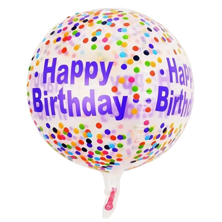 Balon din Folie Metalizata, Flippy, Figurine 4D, Model Happy Birthday, Tematica Aniversara Bombonele, 63x24 cm, Ambalaj Individual, Pai Inclus, Umflare cu Aer sau Heliu, Mov-Multicolor