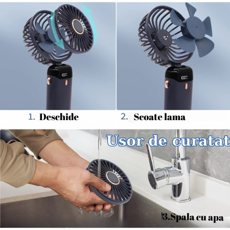 Ventilator Ultra Portabil cu Aromaterapie, Flippy, 3 in 1, de Mana, de Birou, de Gat, 5 Trepte de Viteza, Incarcare USB, Autonomie 12h, Pliabil, cu Ecran LCD, Albastru