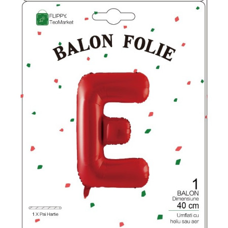 Balon Folie Metalizata Litera E, Flippy, 40 cm, Umflati cu Heliu sau Aer, Ambalaj Individual, Pai inclus, Rosu