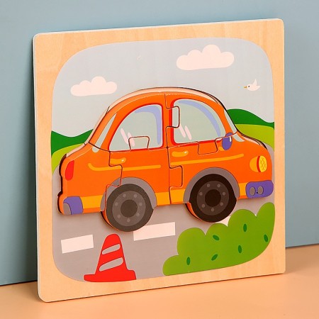 Puzzle Montessori din Lemn pentru Copii, Flippy, 3D, 0-3 Ani, Model Masina, Educativ, Intuitiv, Creativ, 5 Piese, 15x15x0.5 cm, Multicolor