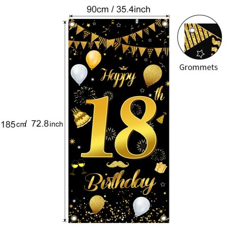 Banner pentru Petrecere, Flippy, Model Happy Birthday, Tematica Majorat, Aniversare 18 Ani, 185x90 cm, Negru