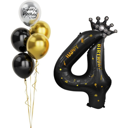 Balon din Folie Metalizata Flippy, Figurina Cifra si Coroana, Scris Happy Birthday, Tema Aniversare 100 cm, Ambalaj Individual, Pai inclus, Umflare cu Aer sau Heliu, Negru, Cifra 4