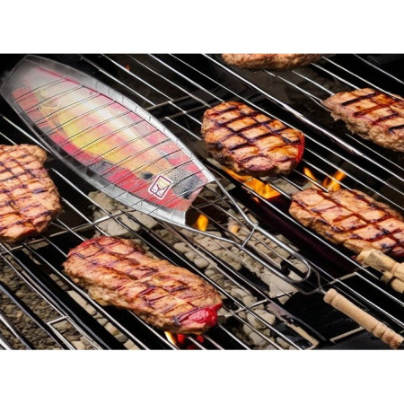 Gratar Grill Inox pentru Peste, Flippy, cu Maner, de Dimensiuni Reduse, Usor de Transportat si Depozitat, Argintiu, 56x12 cm