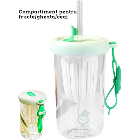 Pahar din silicon, cu capac si pai, pentru copii, Flippy, anti-cadere, compartiment pentru fructe/ceai/gheata, rezistent la temperaturi inalte, 500ml, Verde, 14.5x8.8x20 cm