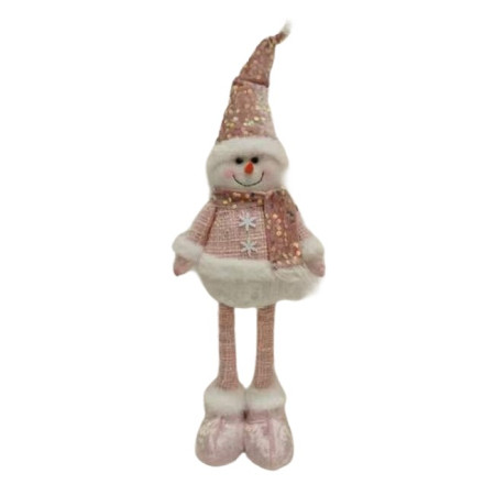 Figurina Decorativa, Pentru Craciun, Flippy, Om de Zapada, Picioare Telescopice, Inaltime Reglabila 44-54cm, Caciula cu Paiete, Roz