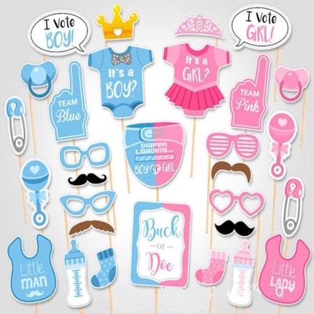 Set 43 de Accesorii pentru Petrecere, Flippy, Props pentru Coltul de Poze, Gender Reveal, Tematica Baby Shower, Albastru-Roz