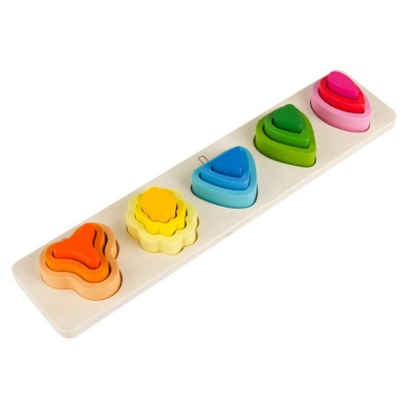 Jucarie Montessori din Lemn, Flippy, Tip Puzzle, cu 5 Forme Asimetrice, 15 Piese, Educativa, Interactiva, Creativa, Model Copaci, Materiale Non Toxice, pentru Copii peste 2 Ani, Baza 29x6.5 cm, Multicolor