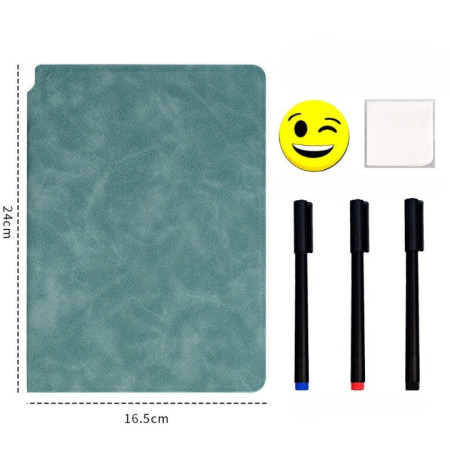 Set Agenda A5 Reutilizabila cu Pagini Tip Tabla, Agenda Pagini Albe cu Stergere Uscata, 3 Markere, 1 Burete și 1 Laveta de sters, Portabila, 24 x 16.5 cm, Coperta Piele, Verde