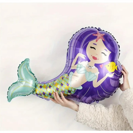 Balon din Folie Metalizata, Flippy, Mini Figurine, Model Sirena cu Par Mov, Tematica Aniversare, 39x37 cm, Ambalaj Individual, Pai Inclus, Umflare cu Aer sau Heliu, Multicolor