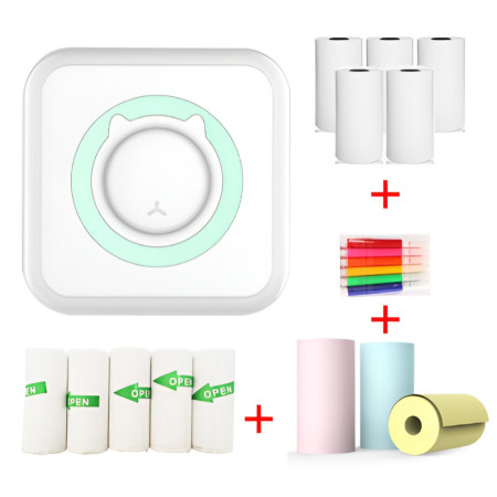 Mini Imprimanta Foto Portabila, Flippy, 5 Role de Hartie Termica, 5 Role Autocolante, 3 Role Colorate, Pixuri, Incarcare USB, Model Pisica, Alb Verde