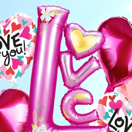 Balon din Folie Metalizata, Flippy, Figurine, Model LOVE, Tematica Iubire, 110x64 cm, Ambalaj Individual, Pai Inclus, Umflare cu Aer sau Heliu, Mov