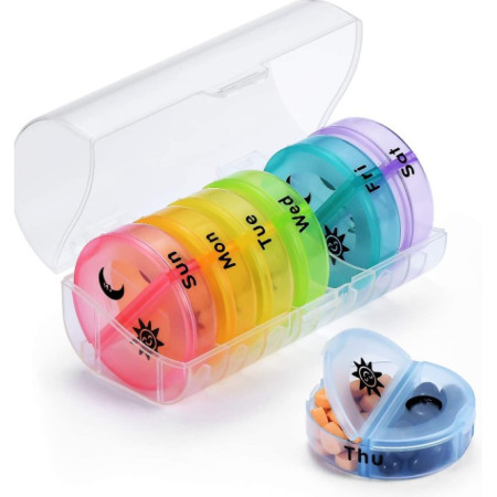 Cutie Depozitare Medicamente, Flippy, 7 Zile, 14 Compartimente, Cutie Suport, Recipiente Detasabile, Portabila, Multicolor, 17.5x11x9.5 cm