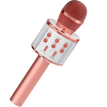 Microfon Karaoke, Flippy, pentru Copii, Bluetooth, Boxa Incorporata, Compatibil cu Orice Smartphone, Acumulator Integrat, Multifunctional, Rose Gold