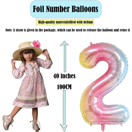 Balon din Folie Metalizata Gradient Flippy, Figurina Cifra, Tema Aniversare 100 cm, Ambalaj Individual, Pai inclus, Umflare cu Aer sau Heliu, Multicolor, Cifra 2