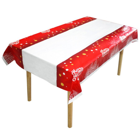 Fata de masa dreptunghiulara Flippy, PVC, 2.5 mm grosime, imprimeu Merry Christmas, potrivit pentru Craciun, utilizare multipla, 180 x 108 cm, alb