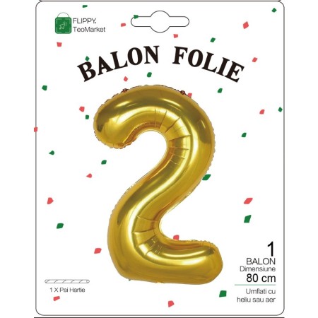 Balon din Folie Metalizata Flippy, Figurina Cifra, Tema Aniversare 80 cm, Ambalaj Individual, Pai inclus, Umflare cu Aer sau Heliu, Auriu, Cifra 2