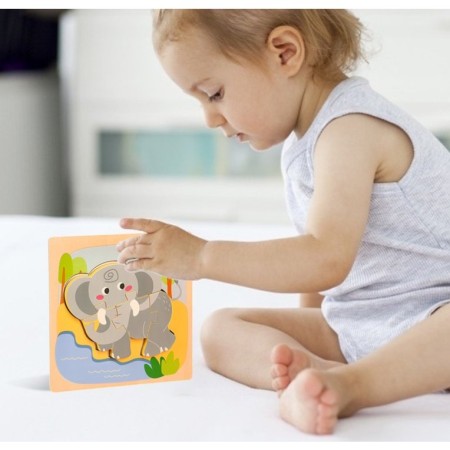 Puzzle Montessori din Lemn pentru Copii, Flippy, 3D, 0-3 Ani, Model Elefant, Educativ, Intuitiv, Creativ, 4 Piese, 15x15x0.5 cm, Multicolor